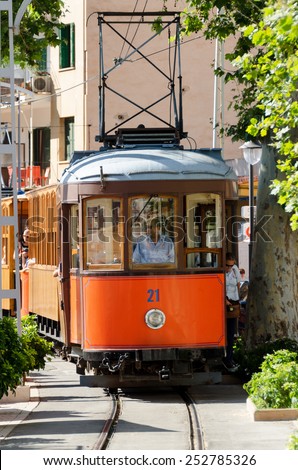PORT DE SOLLER, SPAIN, JULY 17: Tramway connecting town to Soller opened in 1913 and is about 5 km long. Some its original, 1913-built cars are still in service on the line. Pictured on July 17, 2012