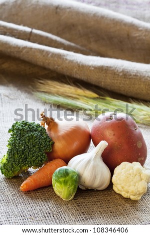 Closeup of Brussels sprouts, broccoli, carrot, onion, garlic, carrot, cauliflower and potato on sackcloth