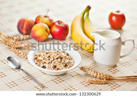Healthy eating breakfast low calories bowl of swiss muesli with fruits and milk