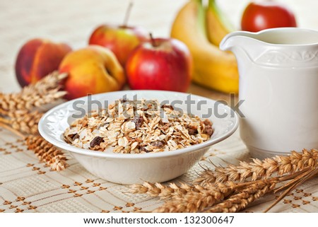Healthy eating breakfast low calories bowl of swiss muesli with fruits and milk