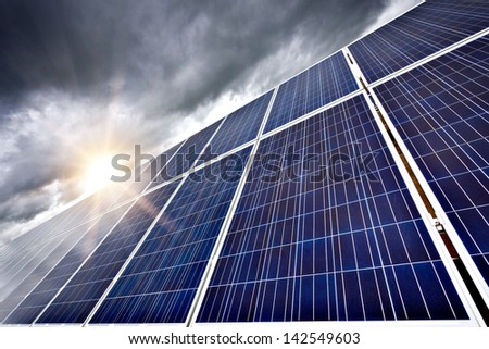 Futuristic concept of solar panels as a future electrical power generators dominance on our planet to produce electricity overcoming current ecological problems like global warming.