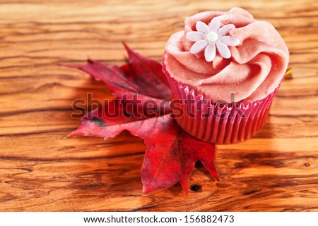 Homemade pink cupcake decorated with swirl icing and sugar daisy and red maple leaf on wooden table