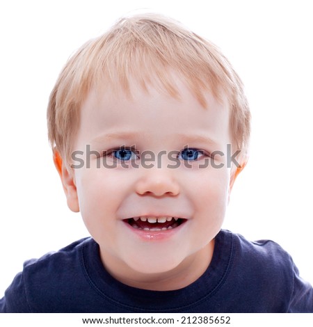 Toddler blond and blue eyes boy child with various facial expressions isolated on white