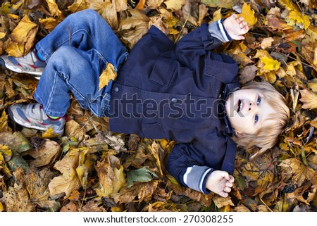 Toddler blond boy with blue eyes lays on bed of autumn fallen leaves