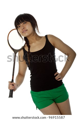 Asian woman with badminton racket isolated on white. Close-up, high key, studio
