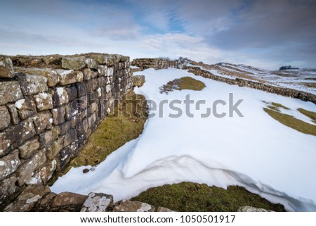 Snowdrift at Milecastle 42 on Hadrian\'s Wall, a World Heritage Site in the beautiful Northumberland National Park. Popular with walkers along the Hadrian\'s Wall Path and Pennine Way