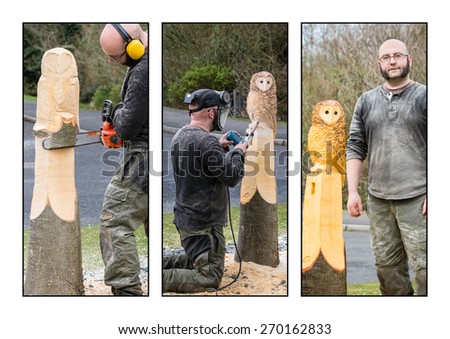 Sculptor at work triptych / The creation of a chainsaw owl sculpture by an artist