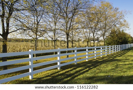 White country fence against field of corn