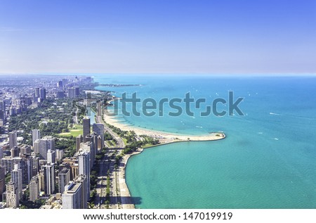 Downtown of Chicago aerial view against blue sky