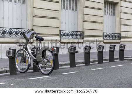 Parking of bicycles for rent in Paris, France