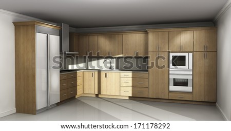 New kitchen interior with natural wood cabinets