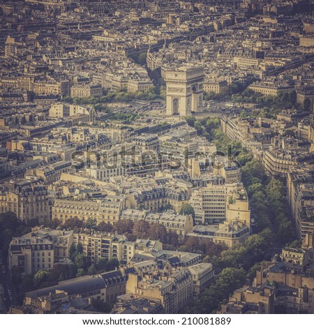 Arch of Triumph vintage aerial view in  Paris, France