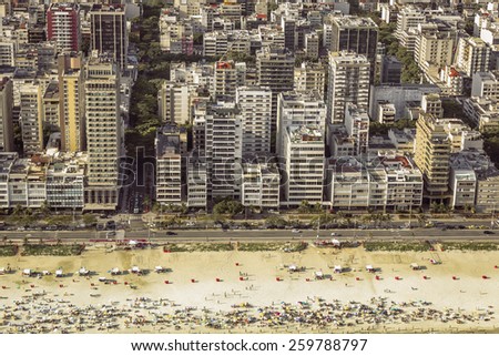 High angle aerial view of Ipanema Beach in Rio de Janeiro,Brazil - vintage colors