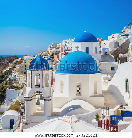 Typical Santorini blue dome churches, Greece