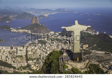 Rio de Janeiro, Brazil : Aerial view of Christ and Botafogo Bay from high angle