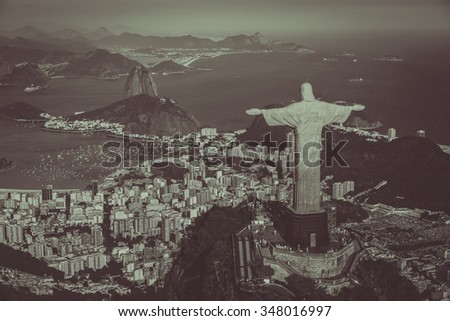 Janeiro, Brazil : Aerial view of Christ and Botafogo Bay from high angle. Vintage brown colors