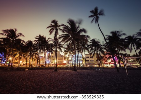 Ocean Drive street with illuminated buildings, South Beach , Florida