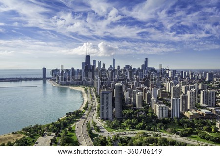 Chicago Skyline aerial view with road by the beach