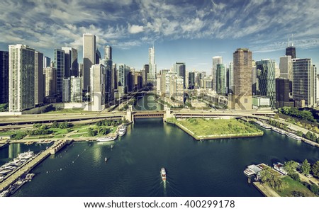City of Chicago Skyline aerial view with Chicago River, vintage colors