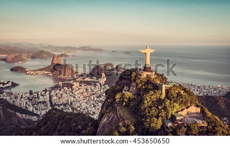 Aerial panorama of Botafogo Bay and Sugar Loaf Mountain at sunset, Rio De Janeiro, Brazil