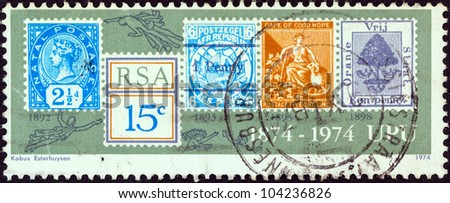 SOUTH AFRICA - CIRCA 1974: A stamp printed in South Africa issued for the centenary of Universal Postal Union shows five older stamps, circa 1974.