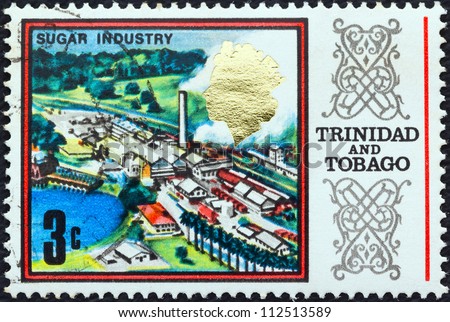 TRINIDAD AND TOBAGO - CIRCA 1969: A stamp printed in Trinidad and Tobago shows a Sugar refinery, circa 1969.