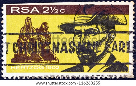 SOUTH AFRICA - CIRCA 1968: A stamp printed in South Africa issued for the inauguration of General Hertzog monument, Bloemfontein shows Hertzog in 1902, circa 1968.