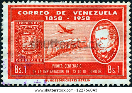VENEZUELA - CIRCA 1959: A stamp printed in Venezuela issued for the centenary of first Venezuelan stamps shows stamp of 1859, Don Miguel Herrera, mail train and Douglas DC-6 airliner, circa 1959.