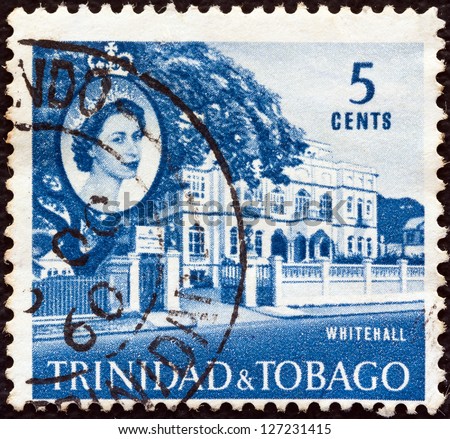 TRINIDAD AND TOBAGO - CIRCA 1960: A stamp printed in Trinidad and Tobago shows Whitehall and Queen Elizabeth II, circa 1960.