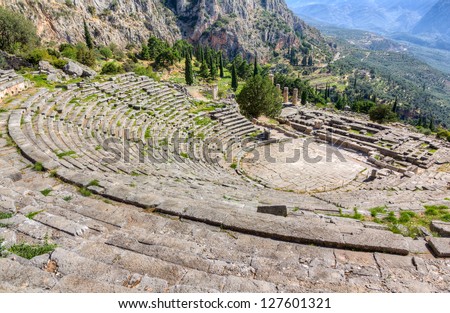 View of ancient Delphi theater and Apollo temple, Greece