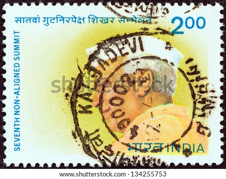 INDIA - CIRCA 1983: A stamp printed in India issued for the 7th Non aligned Summit Conference, New Delhi shows the first Prime minister of India Jawaharlal Nehru, circa 1983.