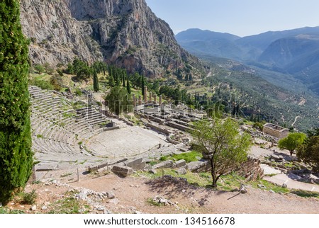 Ancient Delphi theater and Apollo temple, Greece