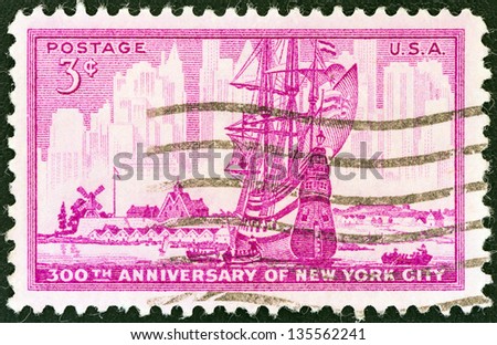 USA - CIRCA 1953: A stamp printed in USA issued for the 300th anniversary of New York City shows New York in 1653 and 1953, circa 1953.