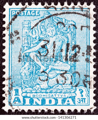 INDIA - CIRCA 1949: A stamp printed in India shows Bodhisattva with right arm outstretched, circa 1949.