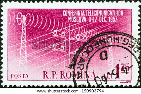 ROMANIA - CIRCA 1957: A stamp printed in Romania issued for the Socialist Countries\' Postal Ministers Conference, Moscow shows Telegraph pole and pylons carrying lines, circa 1957.