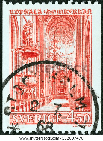 SWEDEN - CIRCA 1966: A stamp printed in Sweden shows Uppsala Cathedral interior, circa 1966.