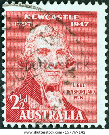AUSTRALIA - CIRCA 1947: A stamp printed in Australia issued for the 150th anniversary of city of Newcastle shows Lt. John Shortland, Royal Navy, circa 1947.