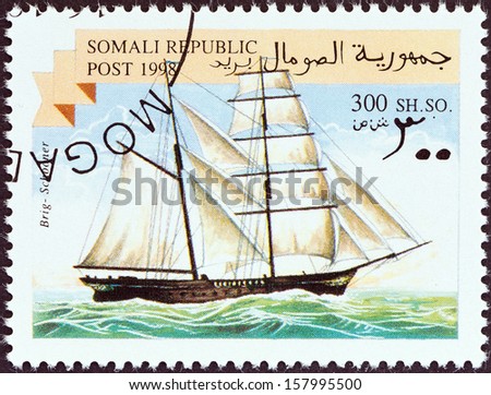 SOMALIA - CIRCA 1998: A stamp printed in Somalia shows a brig sailing ship, circa 1998.