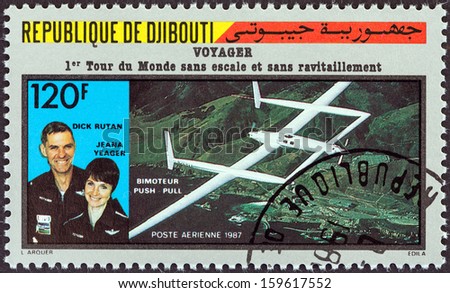 DJIBOUTI - CIRCA 1987: A stamp printed in Djibouti issued for the first flight around the world without stopping or refueling by Rutan Model 76 Voyager shows Dick Rutan and Jeana Yeager, circa 1987.