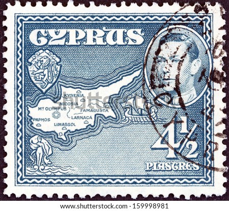 CYPRUS - CIRCA 1938: A stamp printed in Cyprus shows Map of Cyprus, circa 1938.