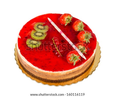 Strawberry cake with jelly topping and figs, isolated