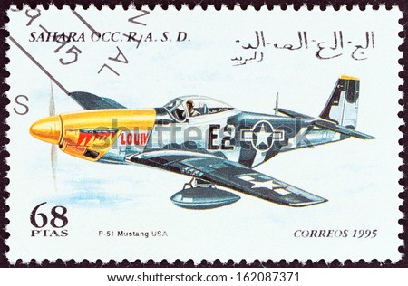 WESTERN SAHARA - CIRCA 1995: A stamp printed in Western Sahara shows a P-51 Mustang aircraft, USA, circa 1995.