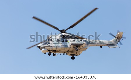 Athens, Greece - September 28: A Hellenic Air Force (Haf) As332c1 Super Puma Helicopter Over The Runway On September 28, 2013 In Tatoi, Athens, Greece. Haf Uses 10 Helicopters Of This Type For Sar.