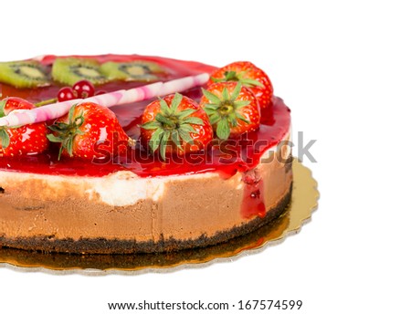Strawberry cake with jelly topping and figs, isolated