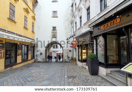 BRATISLAVA, SLOVAKIA - DECEMBER 27: Michael\'s Gate on December 27, 2013 in Bratislava. Built about the year 1300 it\'s the only city gate that has been preserved of the medieval fortifications.