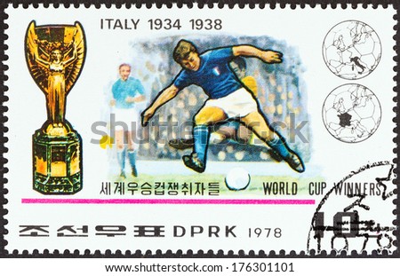 North Korea - Circa 1978: A Stamp Printed In North Korea From The &Quot;World Cup Football Championship Winners &Quot; Issue Shows Italy, 1934, 1938, Circa 1978.