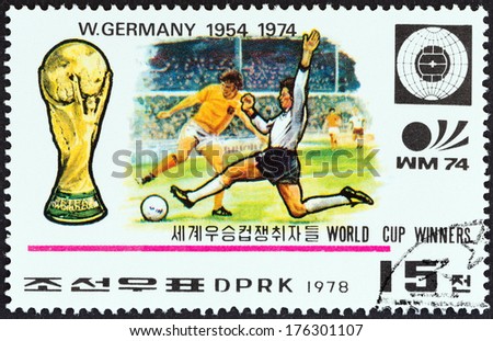 North Korea - Circa 1978: A Stamp Printed In North Korea From The &Quot;World Cup Football Championship Winners &Quot; Issue Shows West Germany, 1954, 1974, Circa 1978.