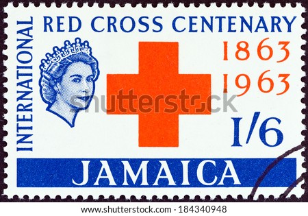 JAMAICA - CIRCA 1963: A stamp printed in Jamaica issued for the Centenary of Red Cross shows Red Cross Emblem and Queen Elizabeth II, circa 1963.