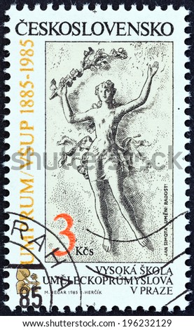 CZECHOSLOVAKIA - CIRCA 1985: A stamp printed in Czechoslovakia issued for the Centenary of Prague University of Applied Arts shows Art and Pleasure (Jan Simota), circa 1985.