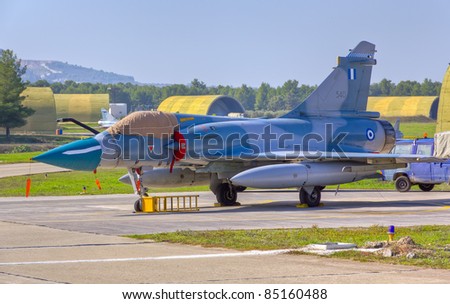 TANAGRA, GREECE - NOVEMBER 11: A HAF Mirage 2000-5EG parked on the runway of the military airport during the \